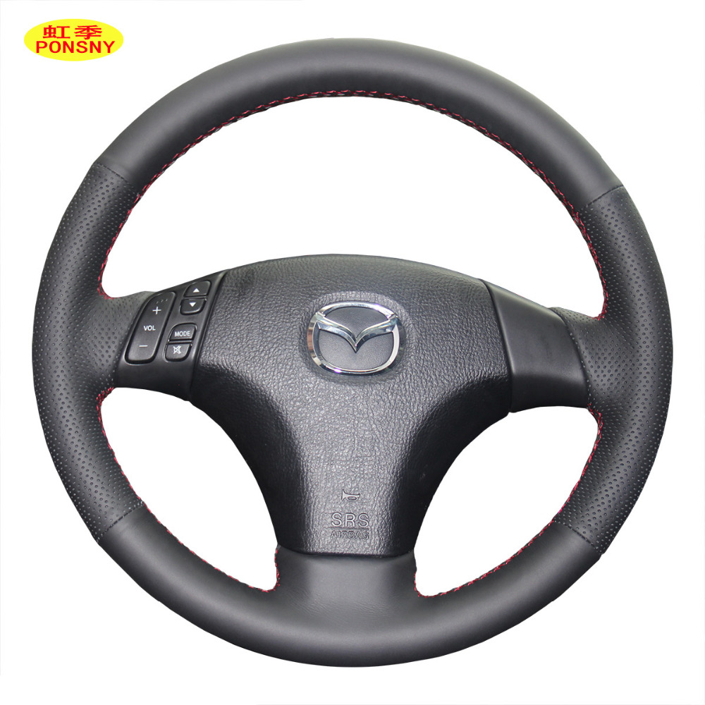 PONSNY Car Steering/Gear/Handbrake Genuine Leather Covers Case for Mazda 3 2008-2010 Mazda 5 6 Auto Hand-stitched Black Cover