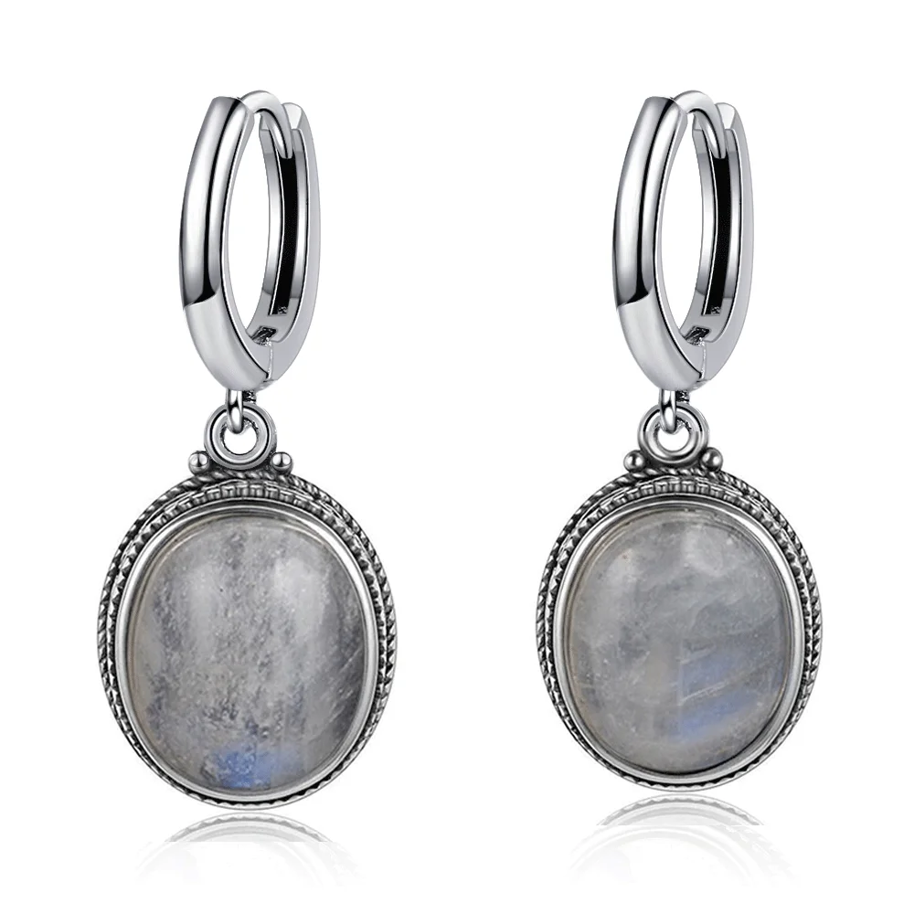 925 Sterling Silver Oval Natural Moonstone Hoop Earrings for Women Simple Vintage Turquoise Labradorite Ear Jewelry Wedding Gift