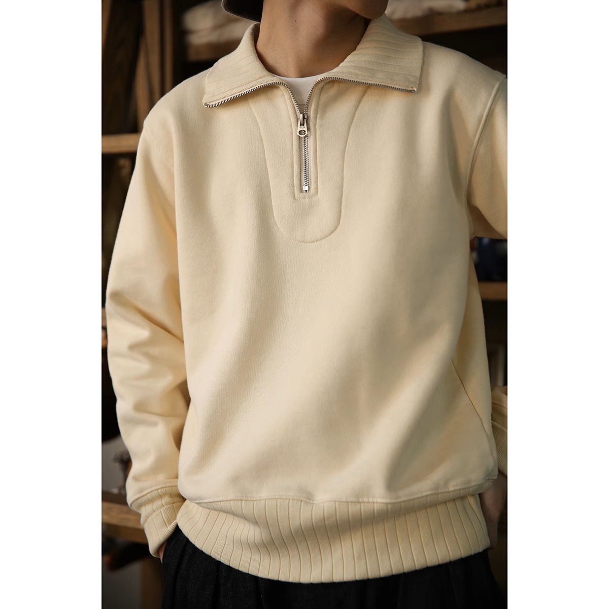 BOB DONG Quarter-Zip Motorcycle Sweatshirt Vintage-Inspired Men's Short Pullover