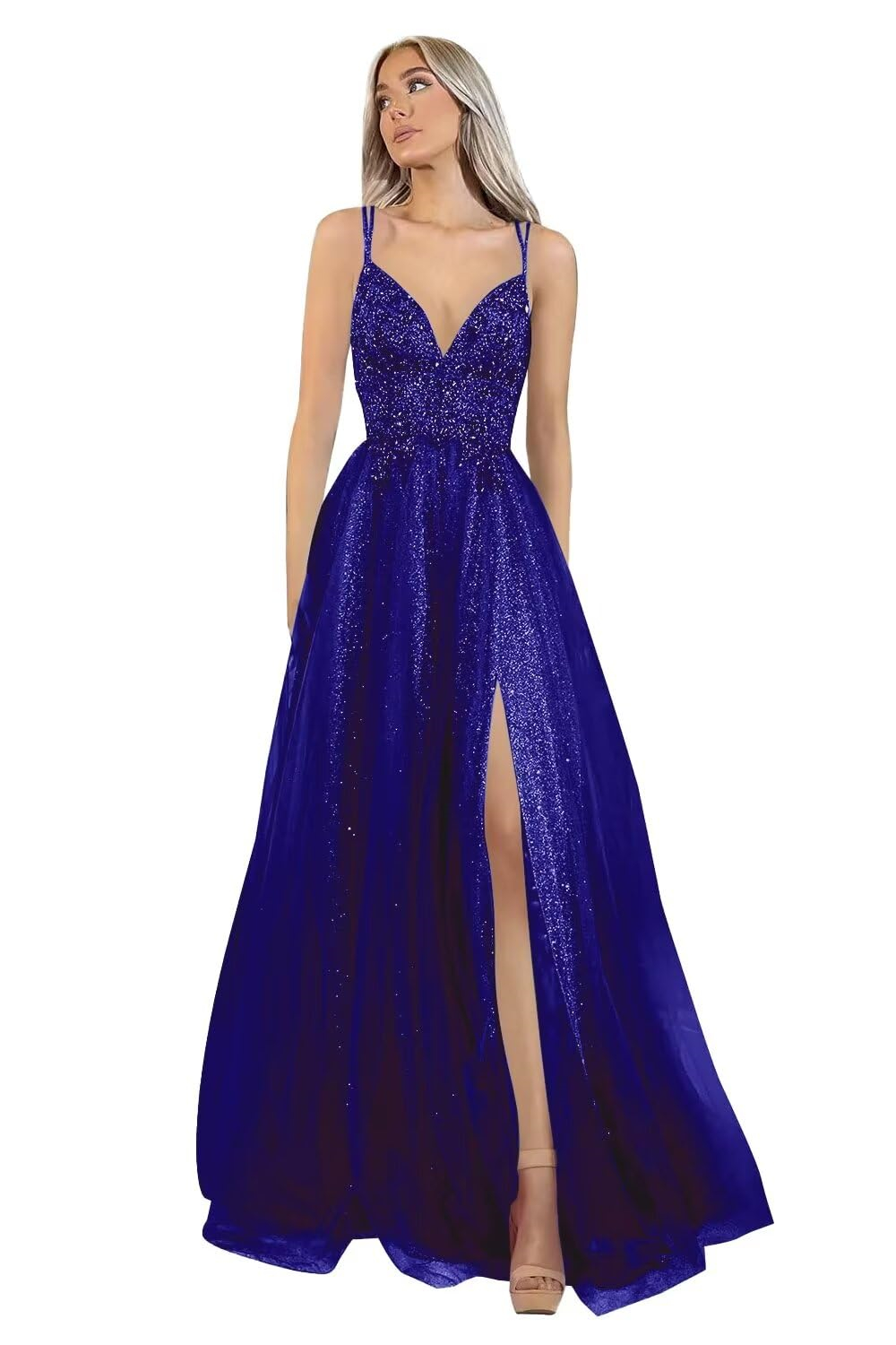 Long Prom Dresses Sequins Beading Deep V-Neck Backless Lace-up Split Tulle A-Line Plus Size Formal Occasion Evening Party Gown Pd22