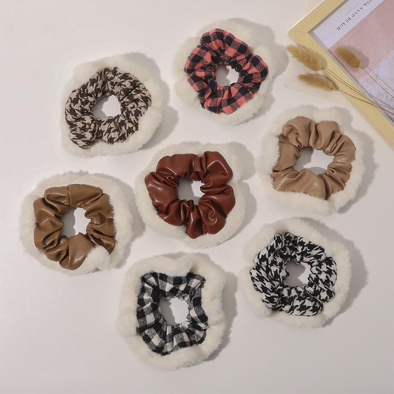 3pcs New Furry Plaid Leather Hair Scrunchies Faux Fur Elastic Hair Bands Women Girls Ponytail Holder Rubber Bands Hair Accessories