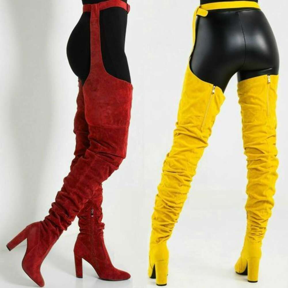 Sestito Women Sexy Side Zipper Thigh Female Belt Trousers Ladies Flock Pointed Toe Suqare High Heels Boots