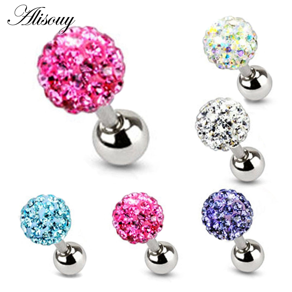 Alisouy 2PCS 3 4 5mm Trendy Crystal Ball Earrings Surgical Steel Ear Plugs Women's Ear Studs Screw back Body Piercings Jewelry