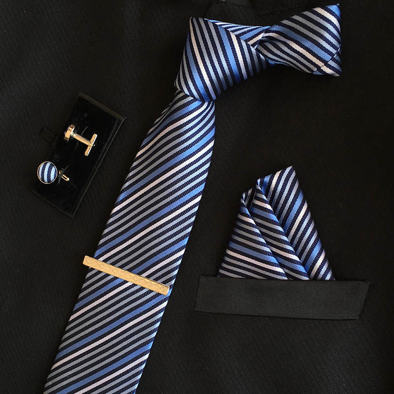 Striped Tie mens silk ties 8 cm necktie and cufflinks & Tie clip + hankies with 4 sets gravatas jacquard Striped Wedding lot