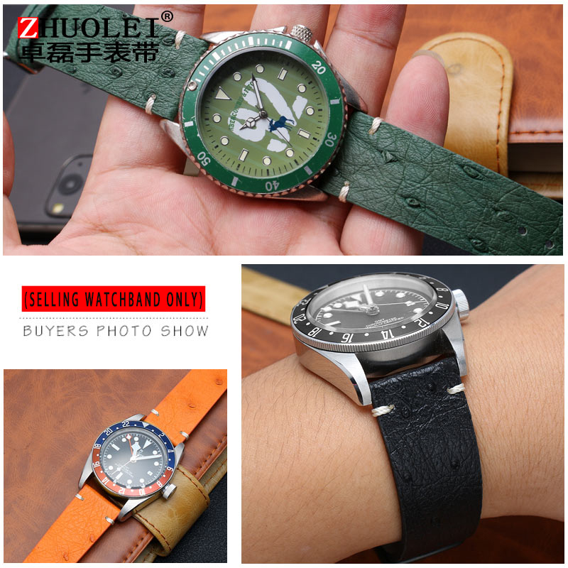 High Quality Ultra-thin soft handmade ostrich leather green general watch strap18 20mm 22mm Orange brown black watch straps Men