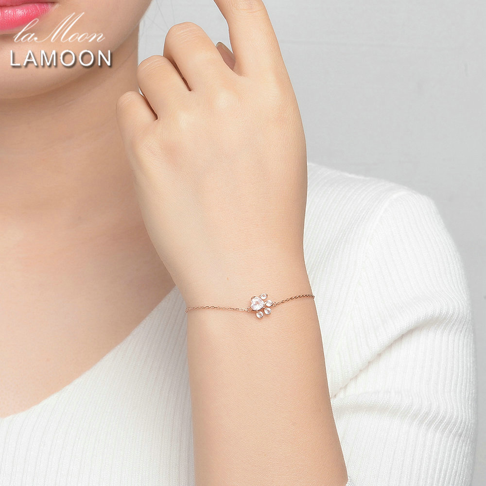 LAMOON Paw 5X5.5mm 100% Natural Heart Pink Rose Quartz 925 Sterling Silver Jewelry Rose Gold Chain Charm Bracelet S925 LMHI005