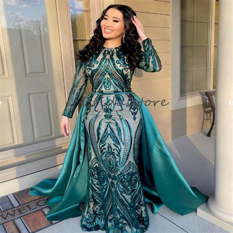 Vintage Emerald Green Evening Dresses With Detachable Train Plus Size Elegant Sequin Dubai Abayas Muslim Prom Dress Formal Party Middle East Vestio De