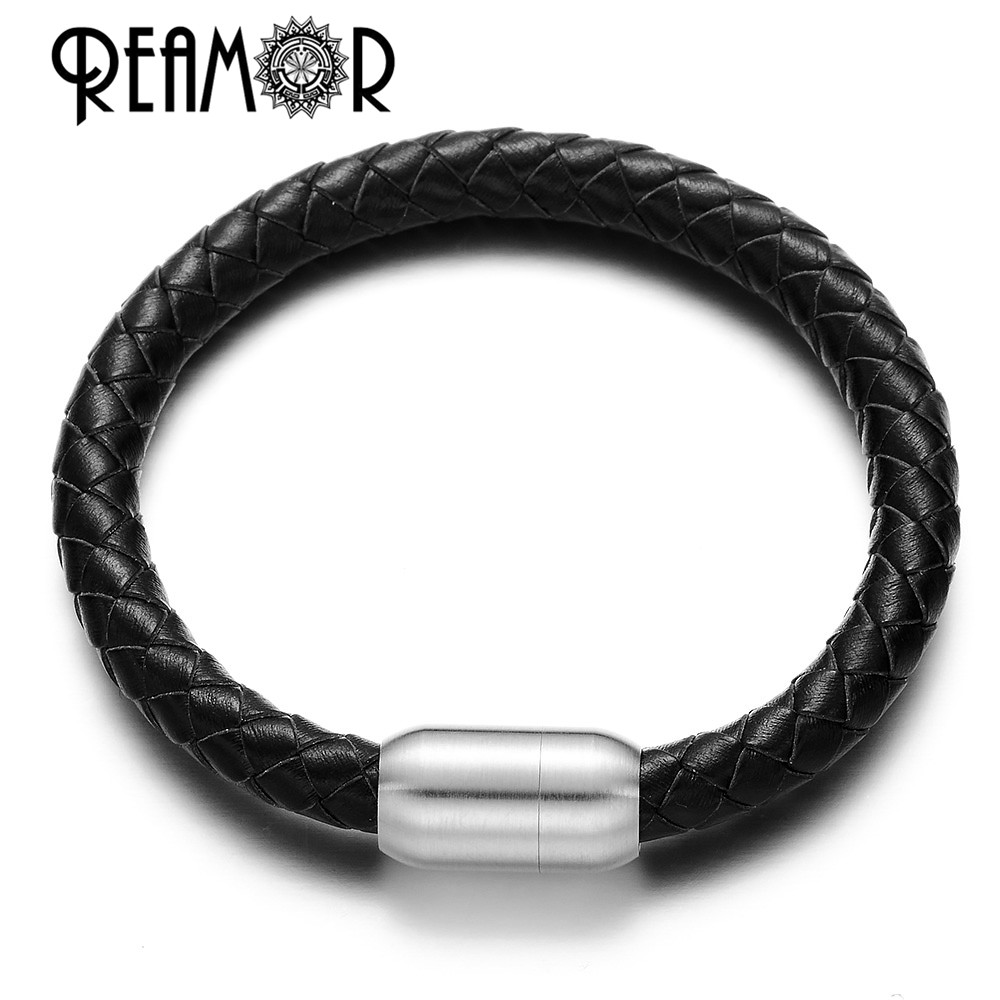REAMOR 5 Types 8mm Genuine Leather Bracelets Large Hole Beads Women Men Bracelet DIY Jewelry Making With Magnet Clasp