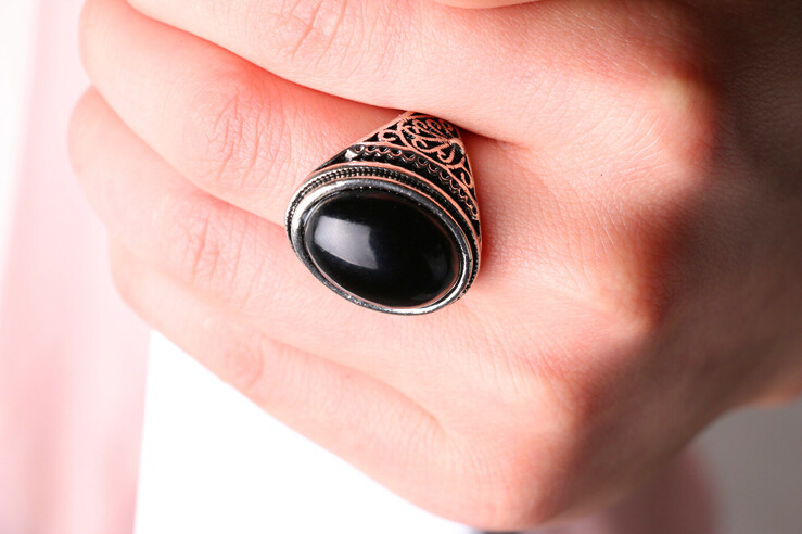 Vintage Ring - Punk Plated Ring Vintage Jewelry Big Black Stone Ring Red Jewelry For Men women Gift Silver Color Rings 20036
