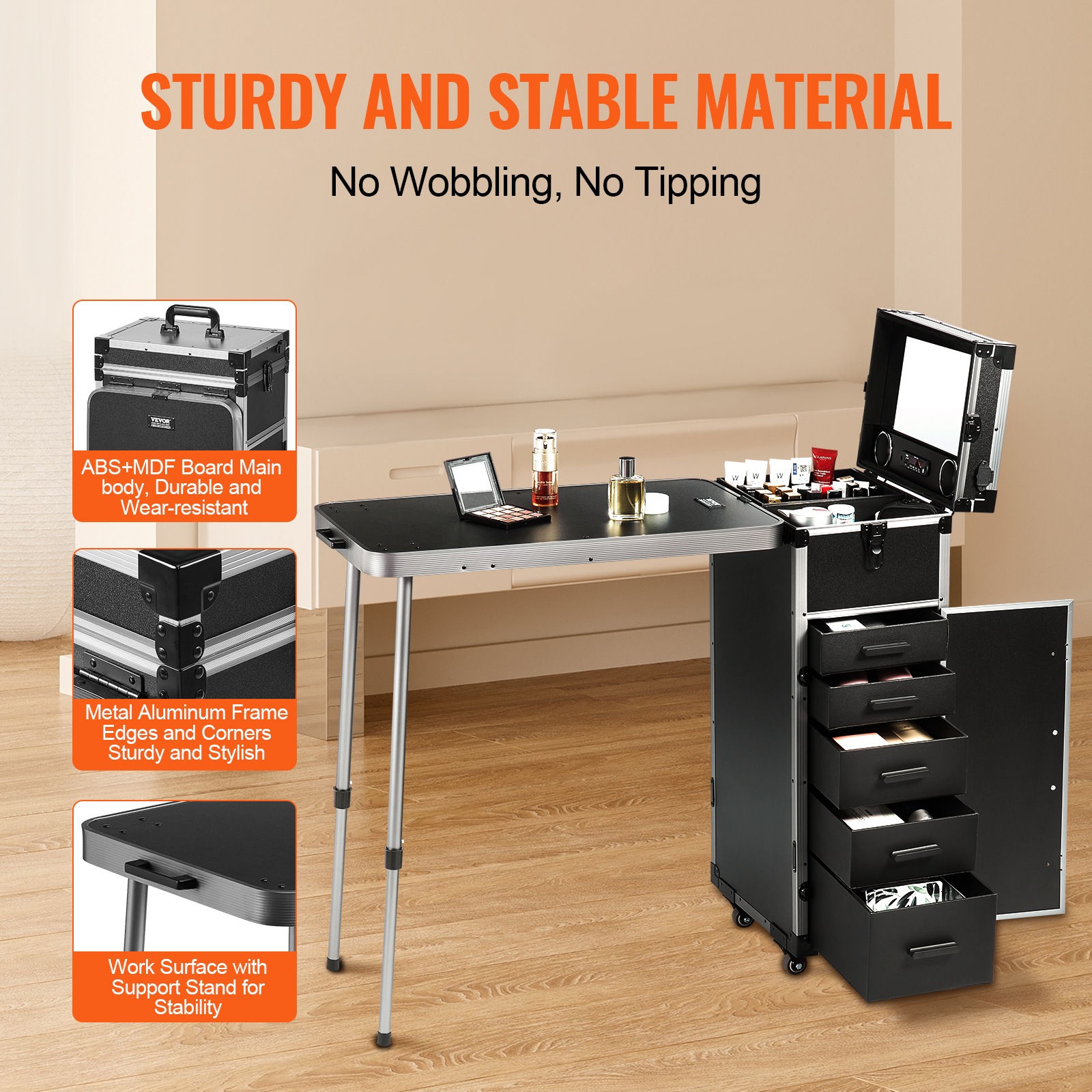 VEVOR Professional Makeup Train Case Aluminum Cosmetic Case Workbench With Supporting Legs Rolling Makeup Case Extra Large