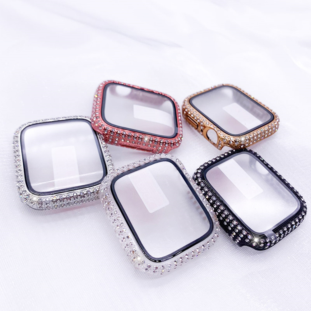 Diamond Protective Cover for Apple Watch 9 8 7 6 5 41mm 45mm 40mm 44mm iWatch SE 38/42mm Bumper Case Tempered Glass Film Covers