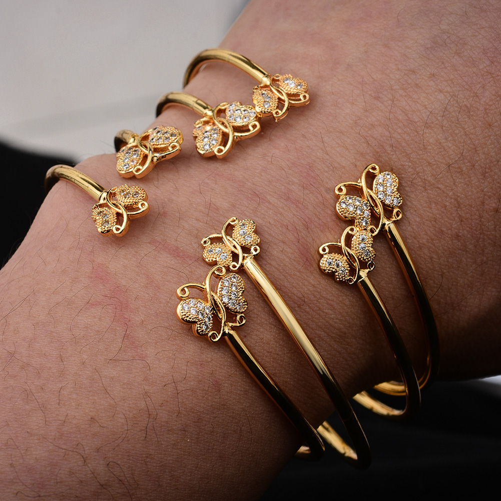 4pcs/Set 24K Gold Color Dubai Bangles For Women Girls Micro inlay Wedding butterfl Jewelry Nigeria Bracelets Party Gifts
