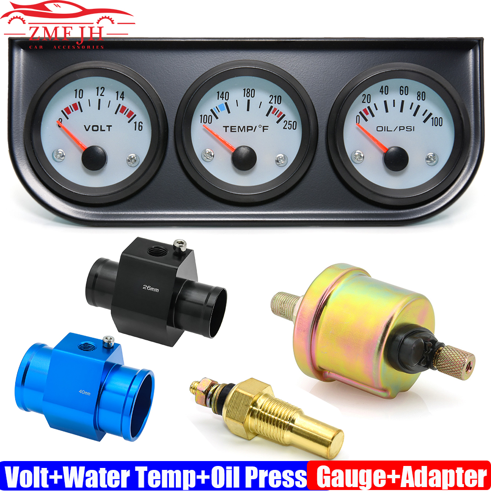 3IN1 52mm Voltmeter+Oil Pressure Gauge+Water Temp Gauge with Sensor Joint Adaptor Sensor 26-40mm Car Meter Triple Gauge Kits 12V