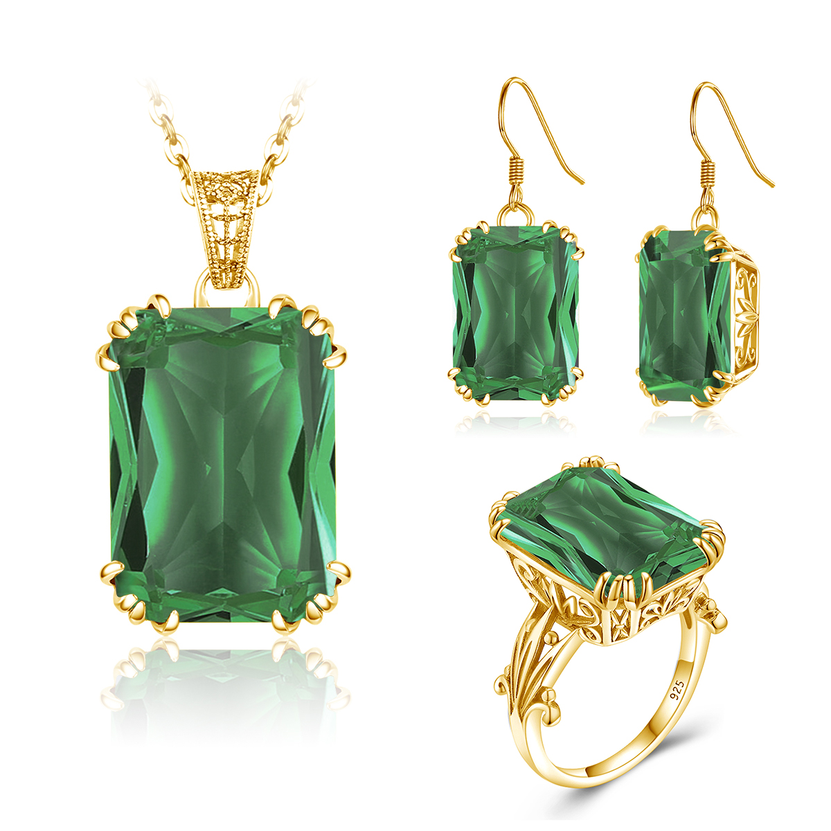 Trendy Women Jewelry Sets With Stone 13*18mm Rectangle Emerald Ring Earring Necklace Shiny Solid 925 Sterling Silver Gift Female
