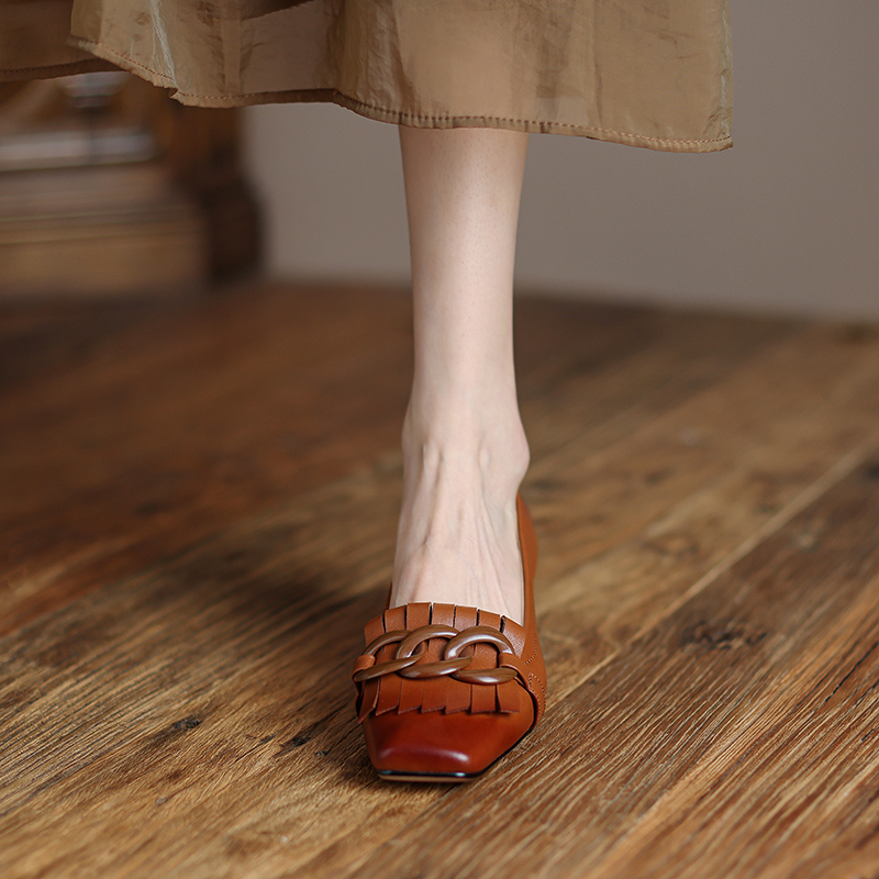 2024 New Spring Genuine Leather Pumps Square Toe High Women Shoes atos De Mujer Tassel Womens Heels 70ca