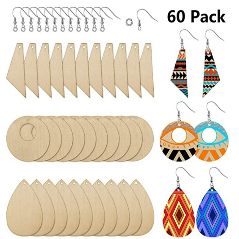60 Pieces Unfinished Wooden Earrings Pendants Blank Teardrop and Tapered Cutout Pendants Jewelry Making DIY Crafts