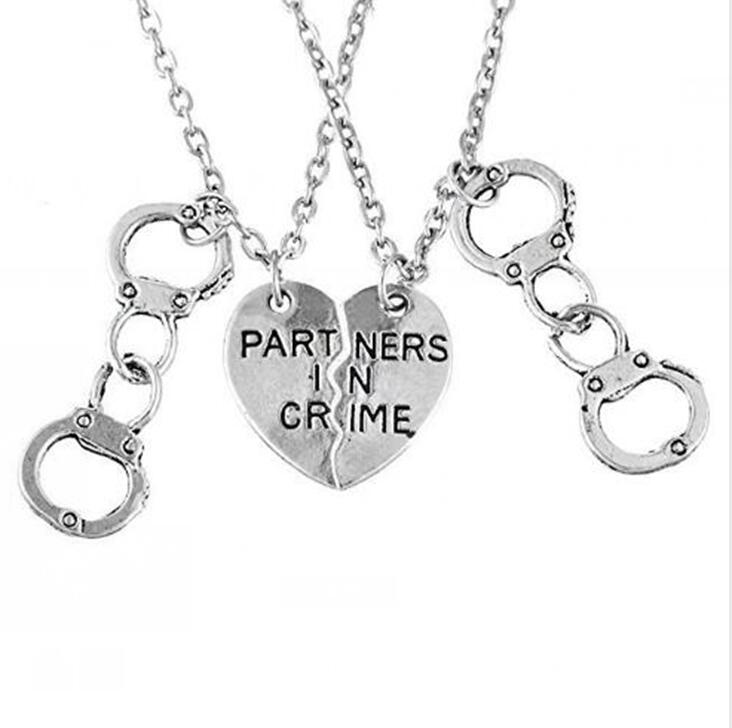 Handcuffs Split Heart Partners in Crime Couples Friendship Necklace cowboy necklace Sweater Chain Pendant Necklace