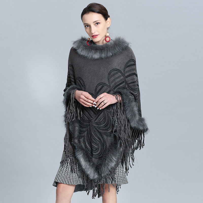 Winter Women Long Triangle Faux Cashmere Oversize Round Pattern Streetwear Shawl Knitted Poncho Cape Fur Loose Tassel Pullover