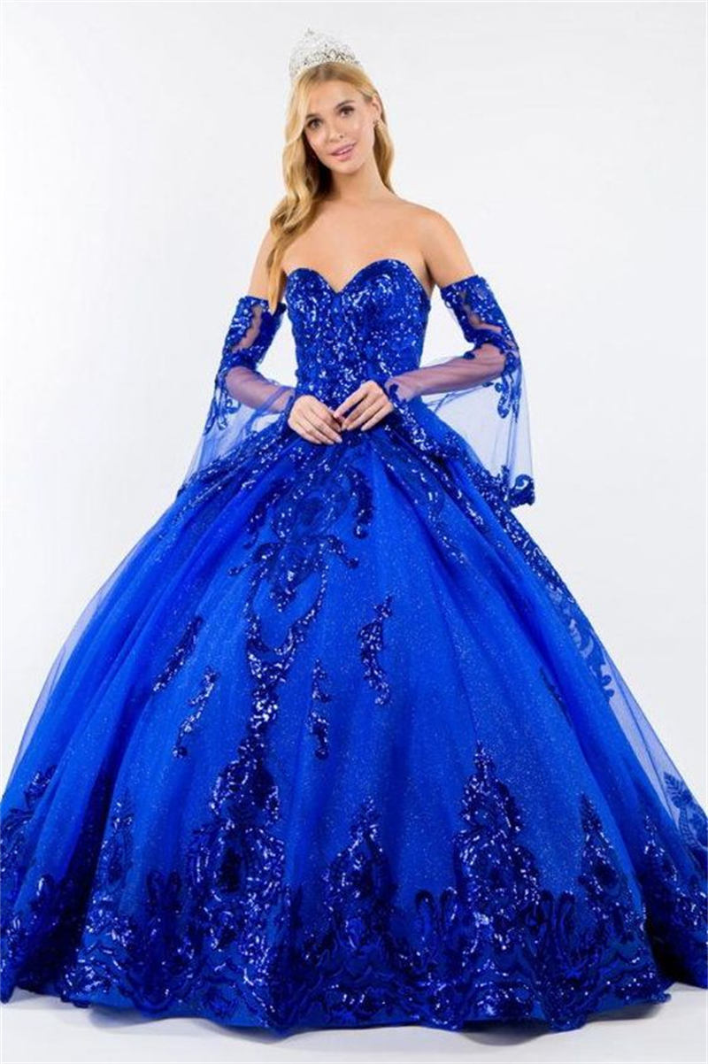 Princess Royal Blue Quinceanera Dresses Glitter Sequins Appliques Sweetheart Neck Corset Long Prom Dress Removable Bell Long Sleeves Sweet 15 Ball Gow