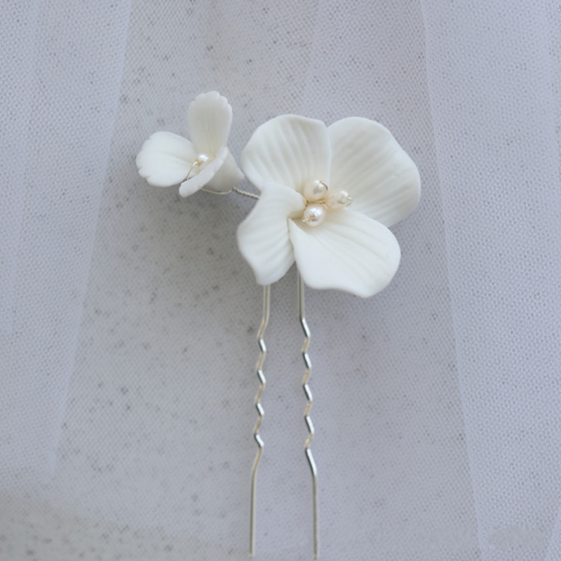 Simple White Ceramic Flower Bridal Hair Clips Pins Pearls Wedding Jewelry Handmade Women Hair Piece
