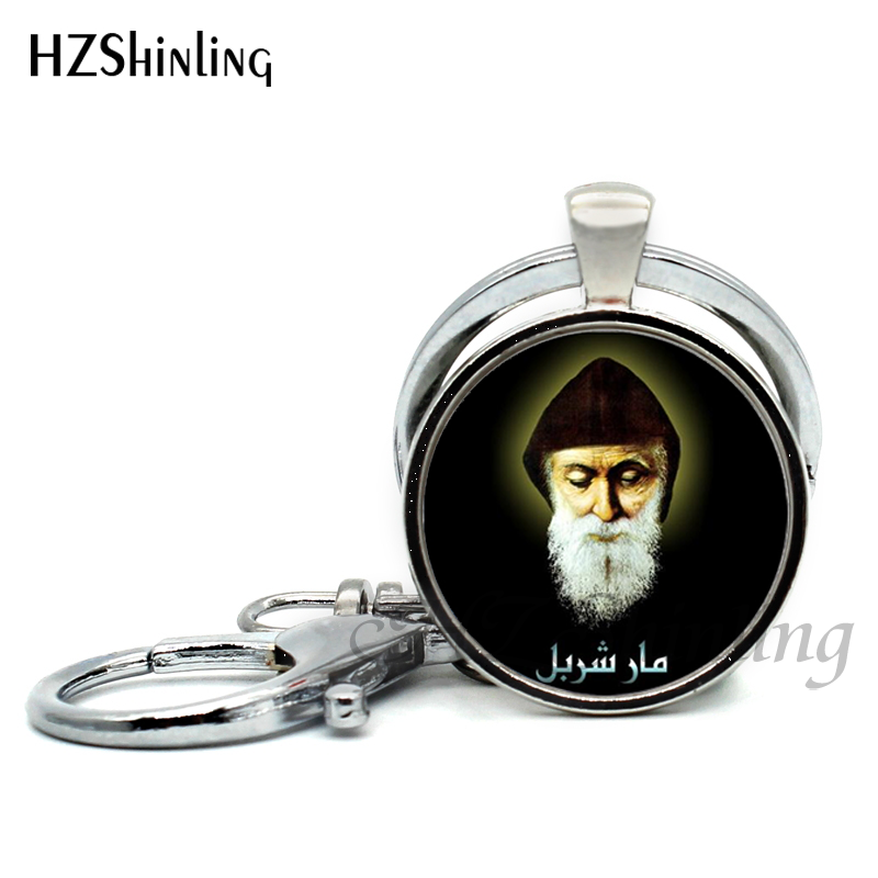 2017 New Design Saint Charbel Keychains Art Picture Glass Dome Jewelry St Charbel Pray Pendant Keyring for Christmas gift