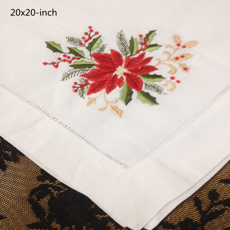 Set of 12 Handkerchiefs Dinner Napkins Table Napkin Hemstitched Border Embroidered Floral White Linen Fabric Cloth 18x18"/20x20"