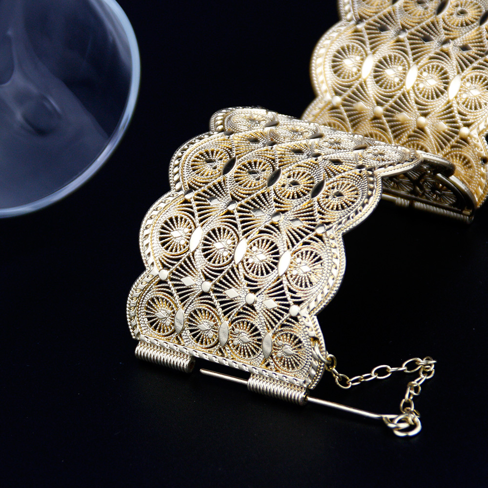 Sunspicems Gold Color Metal Cuff Bracelet Women Hollow Pattern Algeria Morocco Bangle Big Size Ethnic Wedding Caftan Jewelry