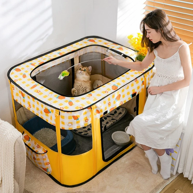 Folding Cage Large Cats Cage Playpen with Door & Mesh Roof for Delivery Room Washable Tent Hiding House