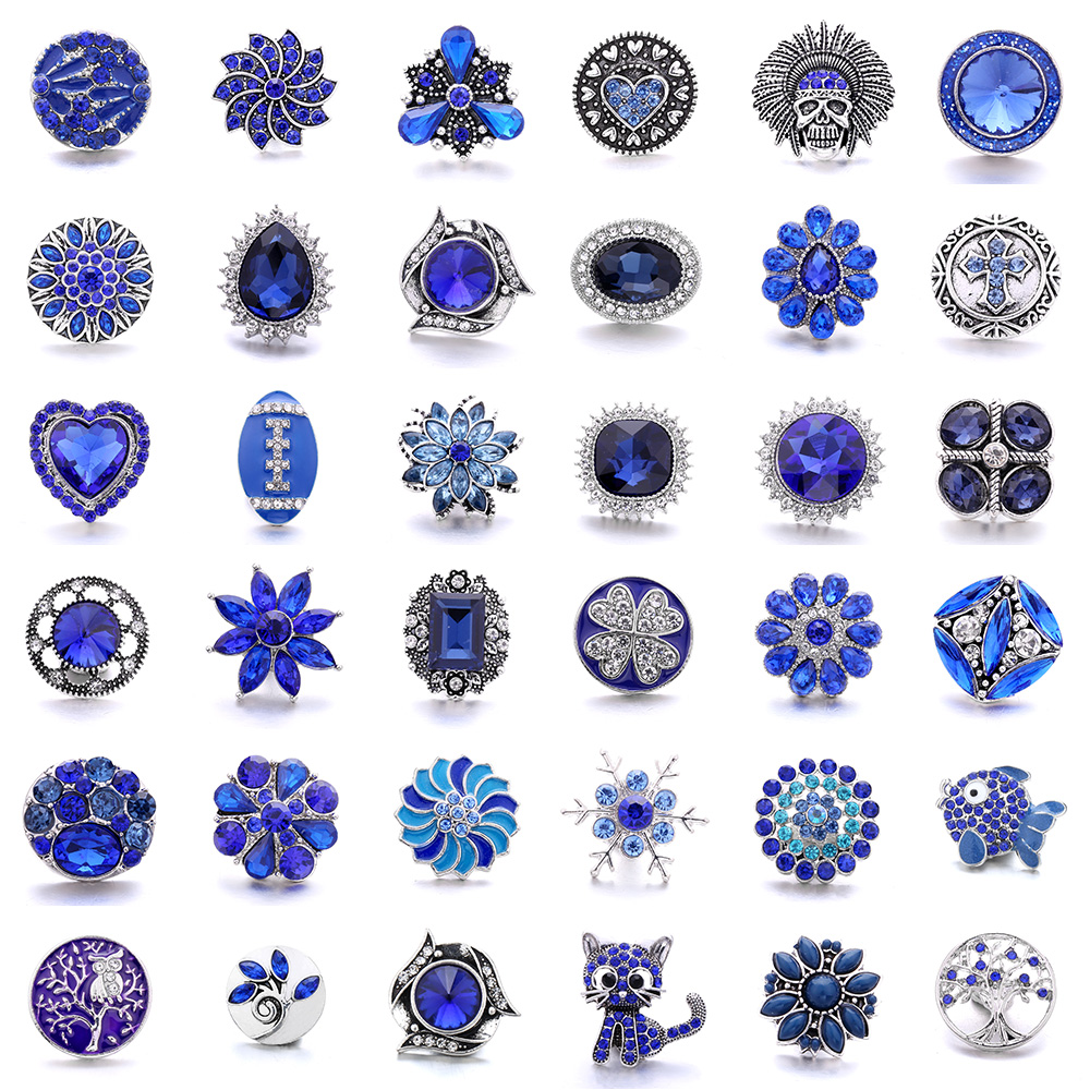 5pcs/lot Snap Jewelry Blue Crystal 18mm Snap Buttons Flower Cat Owl Fish Dolphin Cross Snaps Fit 20mm 18mm Snap Bracelet Bangles