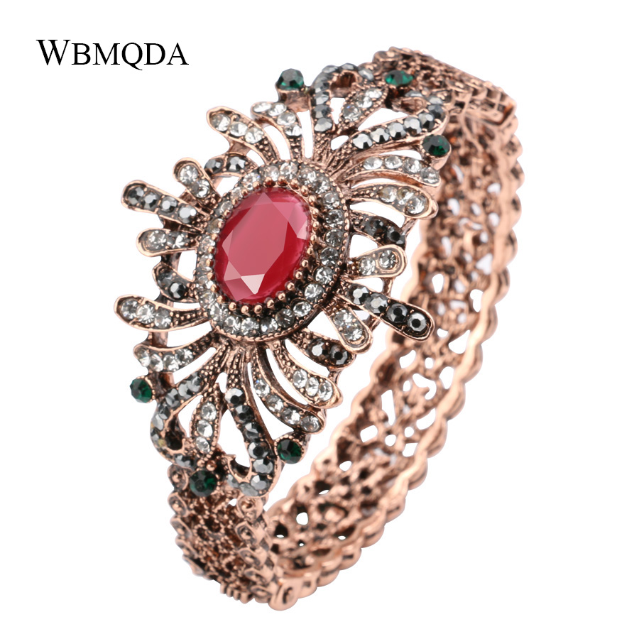 Bohemian Crystal Hollow Flower Wide Bracelets For Women Vintage Antique Gold Color Bangles Indian Jewelry Free Shipping