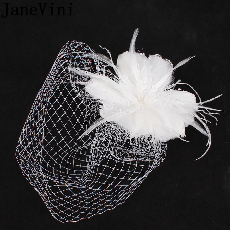 JaneVini 2020 New White Wedding Hat with Comb Veil Feather Wedding Hats Fascinators for Women Elegant Brides Hair Decoration