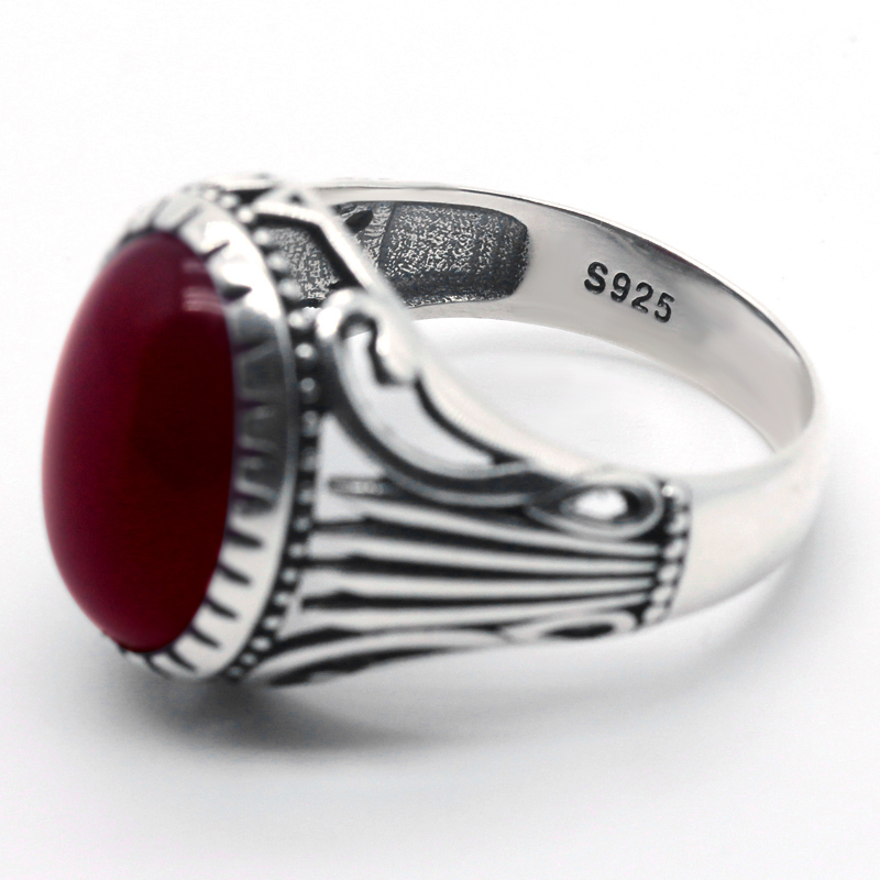 Natural Agate Ring for Men 925 Sterling Silver with Big Red Stone Vintage Rings Hollow Design for Male Women Thai Silver Jewelry