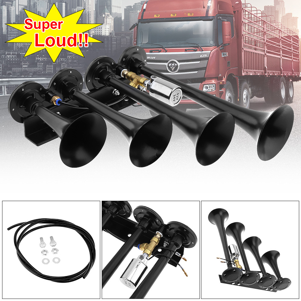 12V / 24V 185dB Silver / Black Super Loud Four Trumpet Car Air Horn for Car Vehicle Truck Train Boat Motorcycle Automobiles