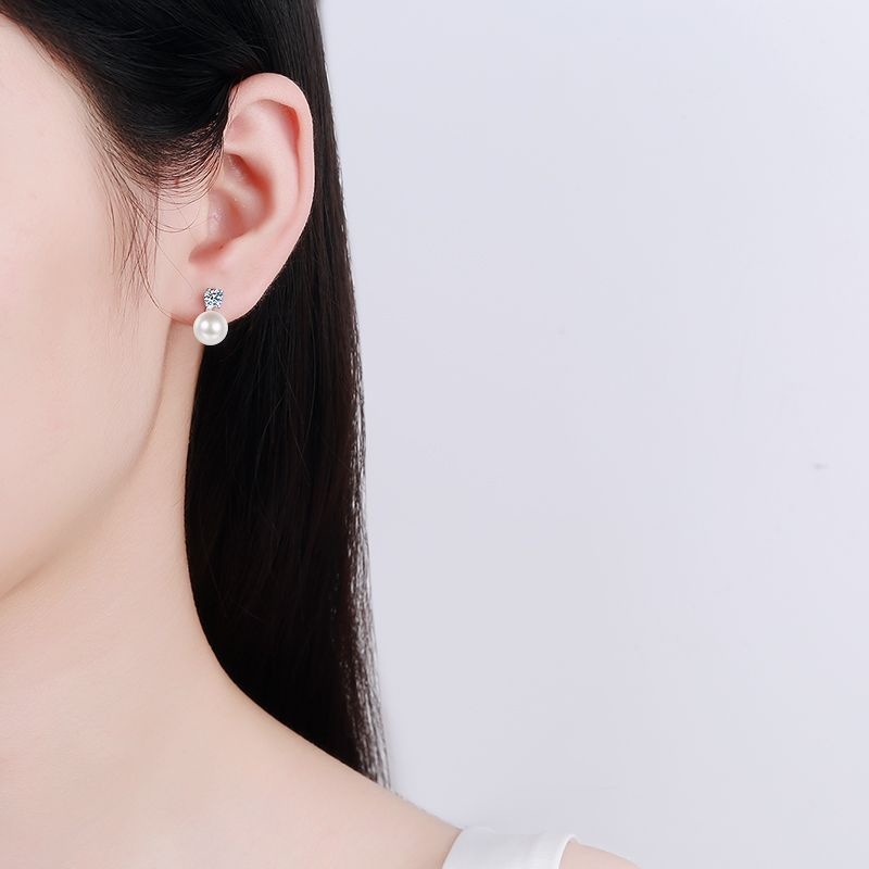BIJOX STORY Vintage S925 Sterling Sliver Stud Earrings with Moissanite Jewelry for Girls Party Classic Design with Pearl Shape