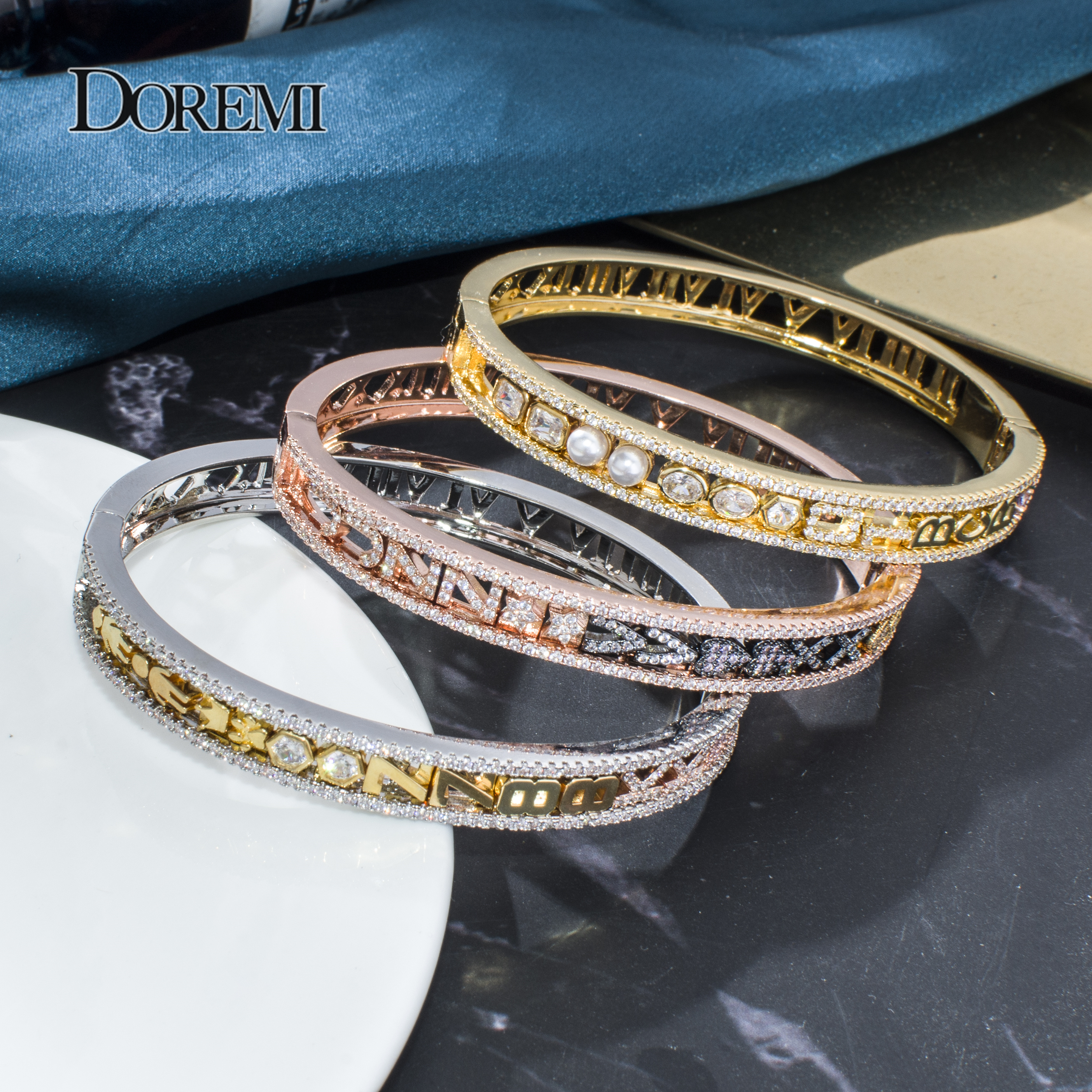 DOREMI Iced Out Slide Bangle with Letters Custom Bangles Detachable Charms Personalized Bangles Women Custom Name Bracelets Gift