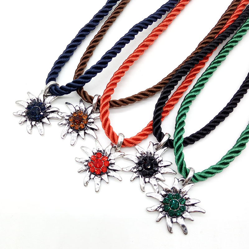 Traditional German Edelweiss Necklace Pendant Woemn Charming Luck Flower Lots Colors Rope Choker for Dirndl Costume Jewelry