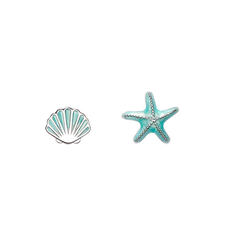 QMCOCO Minimalistic Silver Color Blue And Pink Shell Starfish Stud Earrings For Women Delicate Exquisite Asymmetric Earrings