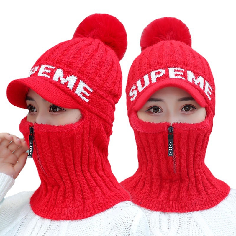 Winter Ski Hat Scarf Continuous Zipper Neck Guard Riding Warm Thick Knitted Woolen