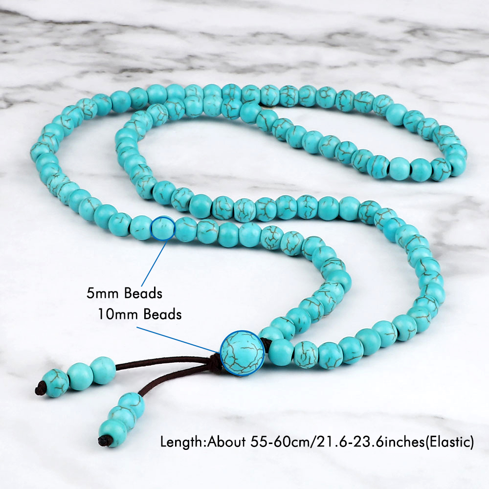 Men Beaded Necklace & Bracelet 108 Beads Tibetan Buddha Wrap Bracelets Women Handmade Blue Synthetic Turquoises Prayer Jewelry