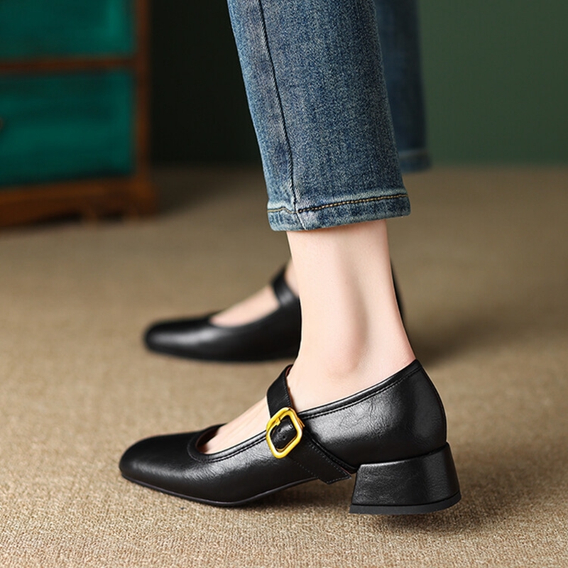 NEW Spring Pumps Split Leather For Women Round Toe Chunky Classical Low Heel Mary Janes Belt Buckle Shoes