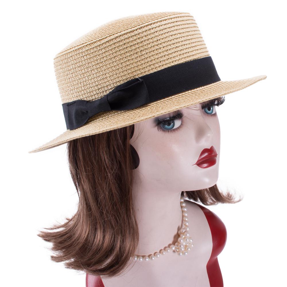 Lawliet Lady Straw Bowler Boater Sun Hats Round Flat Cap Summer Beach Cap Sailor Trilby Cap A456