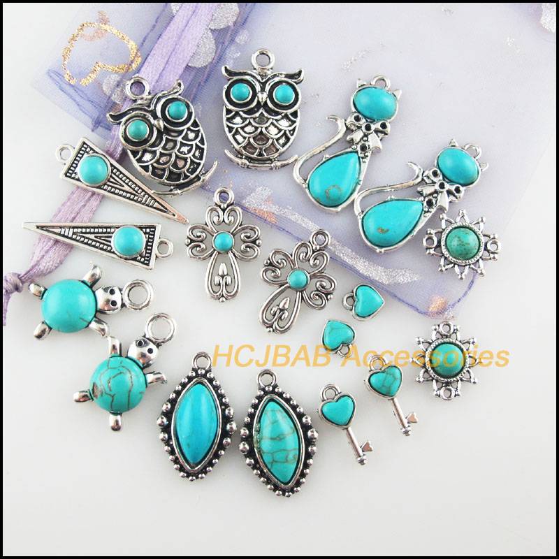 New Turquoise Stone Charms Cat Owl Cross Flower Key Oval Tibetan Silver Plated Pendants Retro