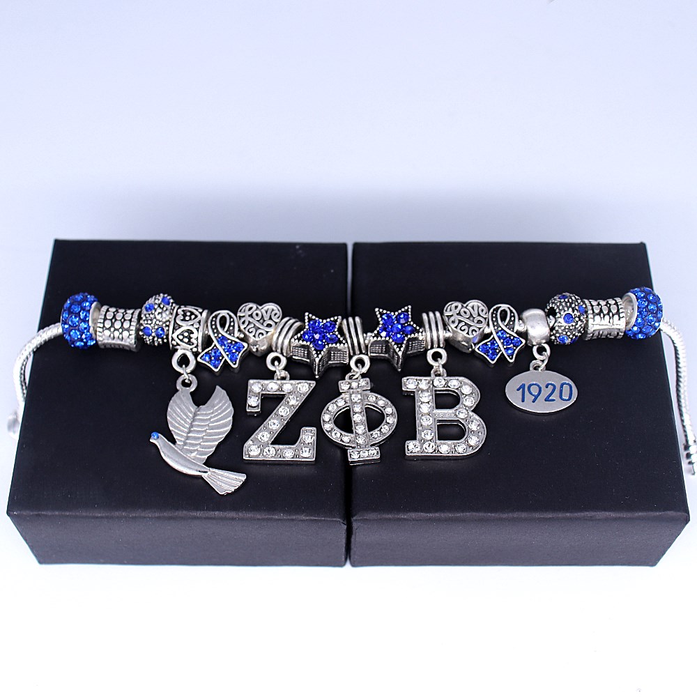 Double Nose Blue Crystal Beads Greek Letters Zeta Phi Beta 1920 Dove Charm ZPB Bracelets College Group Souvenir Gifts