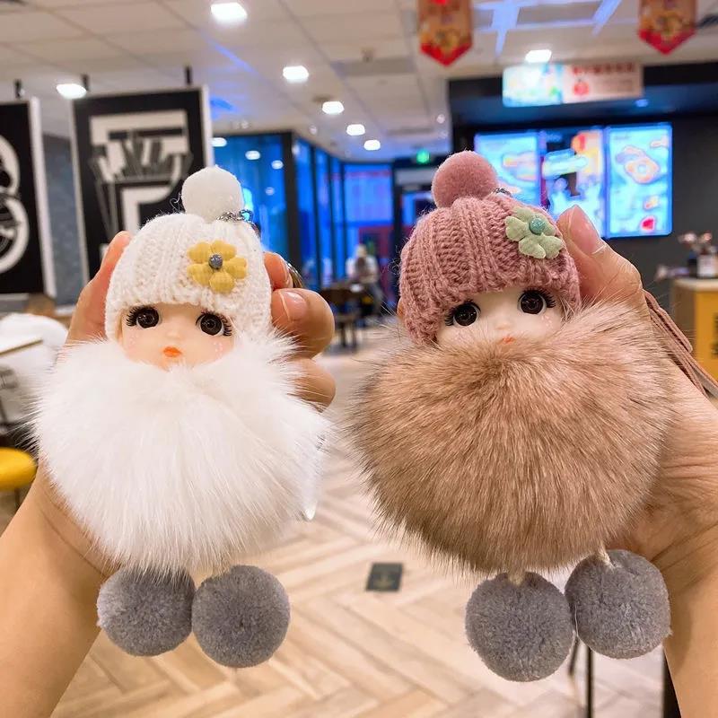 Pompom Smiling Baby Keychains Cute Fluffy Plush Doll Key Chain For Women Girl Bags Pendant Cars Keyring Gift Charming Decoration