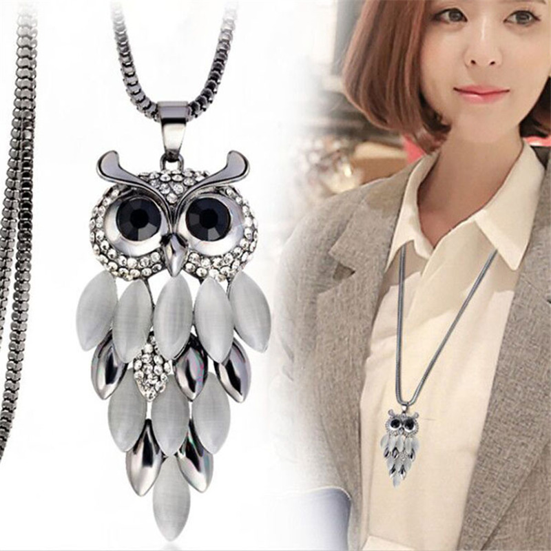 Ajojewel Retro Synthetic Opal Owl Pendant Necklaces Long Sweater Chain Jewelry For Women Party Anniversary Accessories