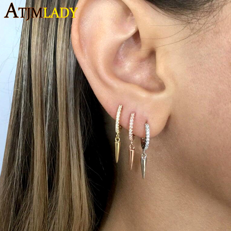 Gold Color Plated Spike Cz Hoop Earrings For Women Wedding Small Huggie Earrings Tiny Minimal Delicate Dainty Hoops Jewerly