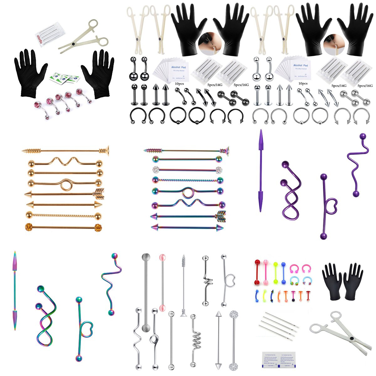 Body Puncture Kit Nasal Septum Navel Puncture Kit With Needle Bag Ear Screen Nipple Eyebrow Labret Piercing Set Clip