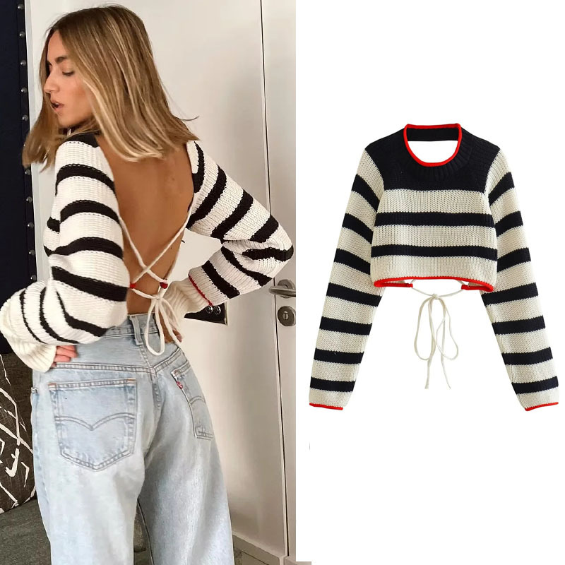 TRAF Women's Cropped Sweaters Striped Sweater Pullovers Autumn Winter Crop Knit Backless Long sleeve Top Knitwears F6.24#42