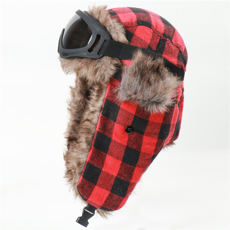 CAMOLAND Plaid Design Winter Bomber Hats Women Men Thermal Faux Berber Fleece Earflap Cap Russian Ushanka Hat With Goggles