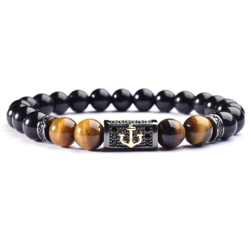 Luxury Men Bead Bracelet Pave Cubic Zirconia Stone 8mm Tiger Eye Beads Charm Anchor Bracelet For Men Jewelry Pulsera Hombre Gift